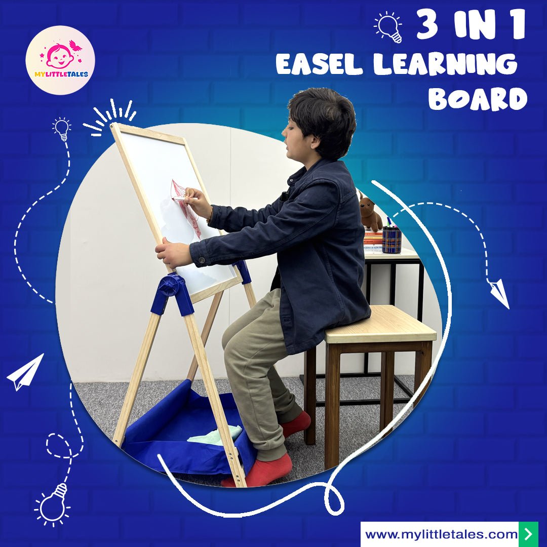 Wooden 3 in 1 Creative Easel Board with Chalkboard, Whiteboard, Storage Tray, Educational Kids Art Station - MyLittleTales