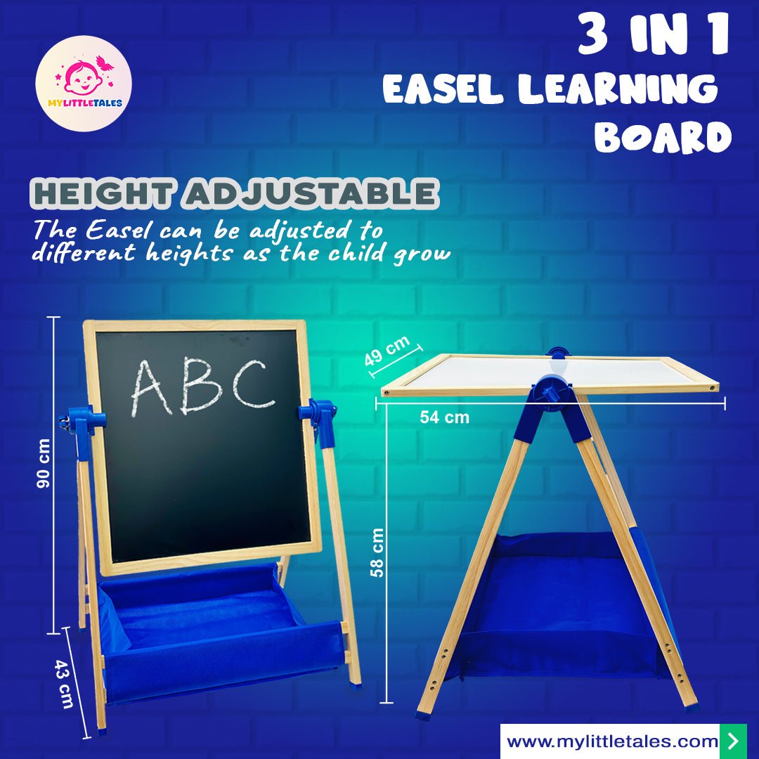 Wooden 3 in 1 Creative Easel Board with Chalkboard, Whiteboard, Storage Tray, Educational Kids Art Station - MyLittleTales