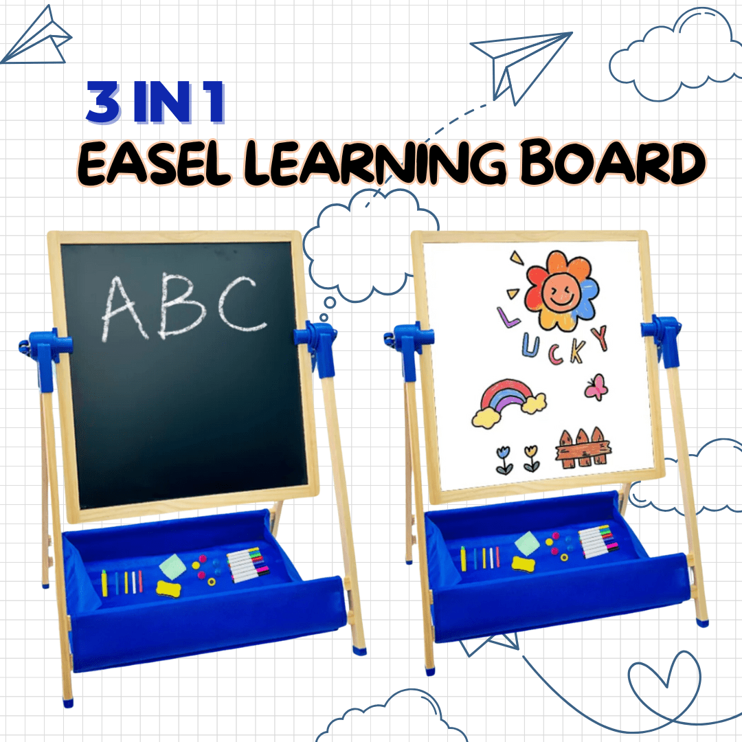 Wooden 3 in 1 Creative Easel Board with Chalkboard, Whiteboard, Storage Tray, Educational Kids Art Station - MyLittleTales