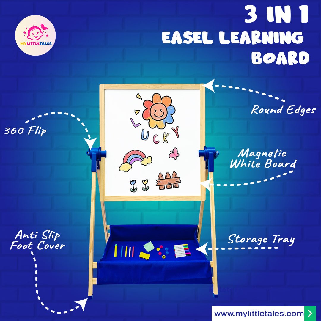 Wooden 3 in 1 Creative Easel Board with Chalkboard, Whiteboard, Storage Tray, Educational Kids Art Station - MyLittleTales