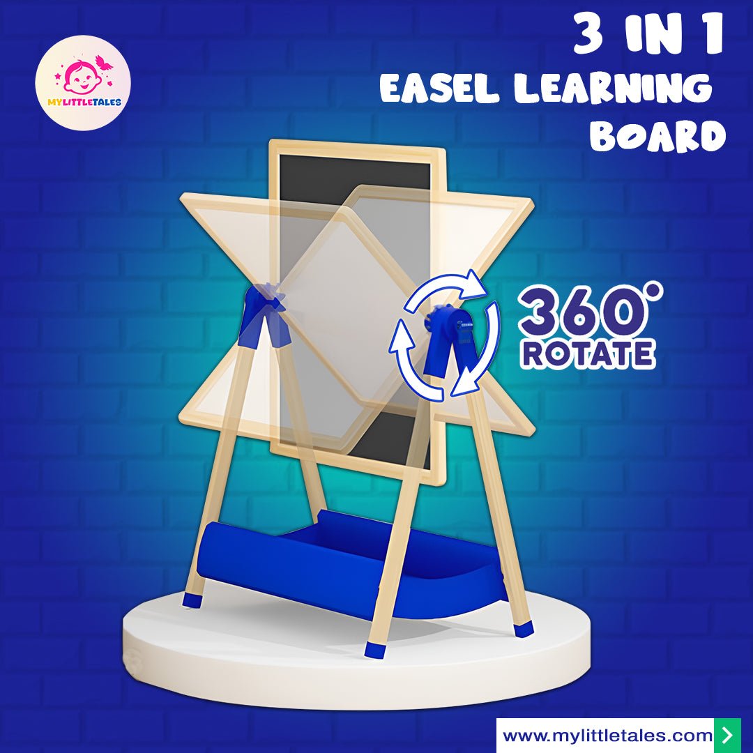 Wooden 3 in 1 Creative Easel Board with Chalkboard, Whiteboard, Storage Tray, Educational Kids Art Station - MyLittleTales