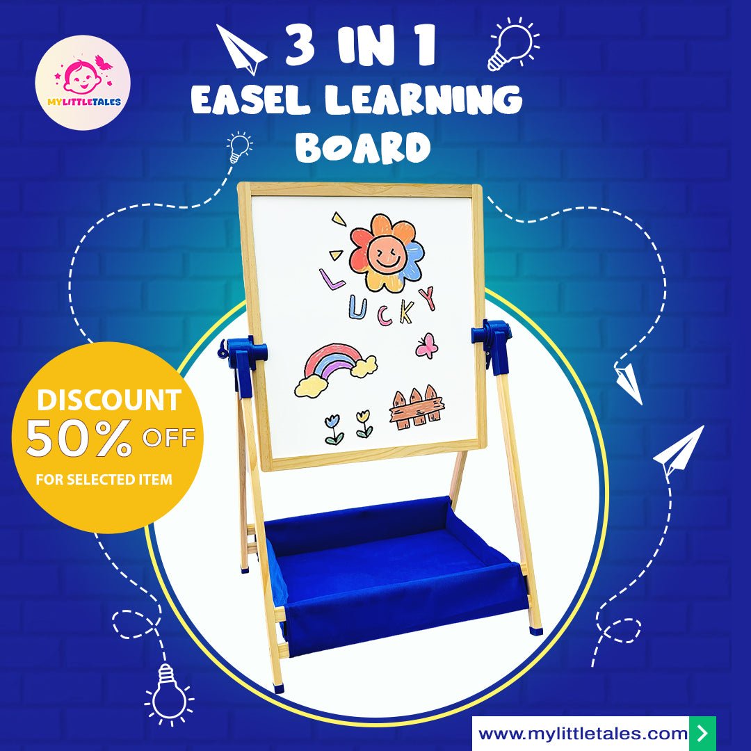 Wooden 3 in 1 Creative Easel Board with Chalkboard, Whiteboard, Storage Tray, Educational Kids Art Station - MyLittleTales