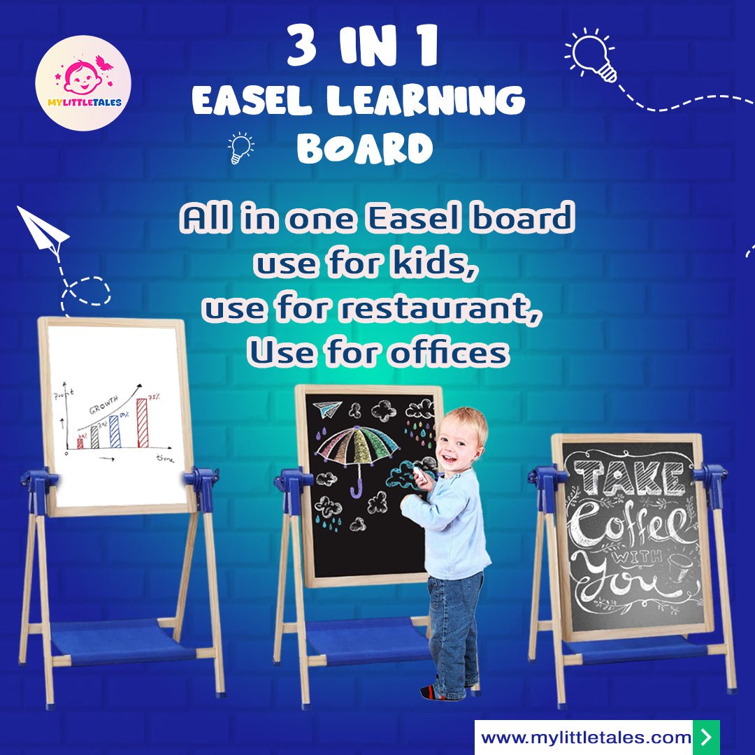 Wooden 3 in 1 Creative Easel Board with Chalkboard, Whiteboard, Storage Tray, Educational Kids Art Station - MyLittleTales