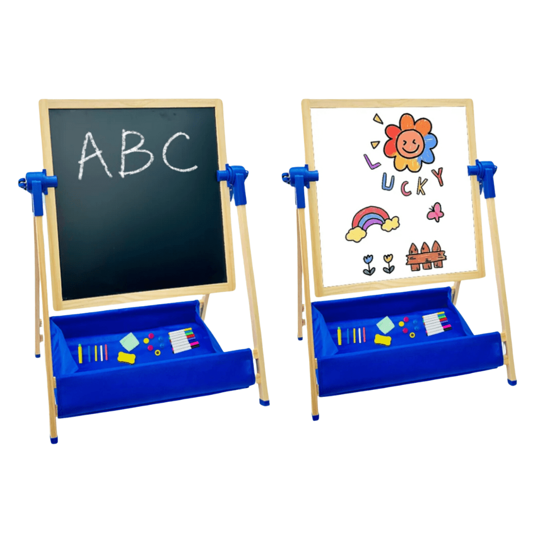 Wooden 3 in 1 Creative Easel Board with Chalkboard, Whiteboard, Storage Tray, Educational Kids Art Station - MyLittleTales