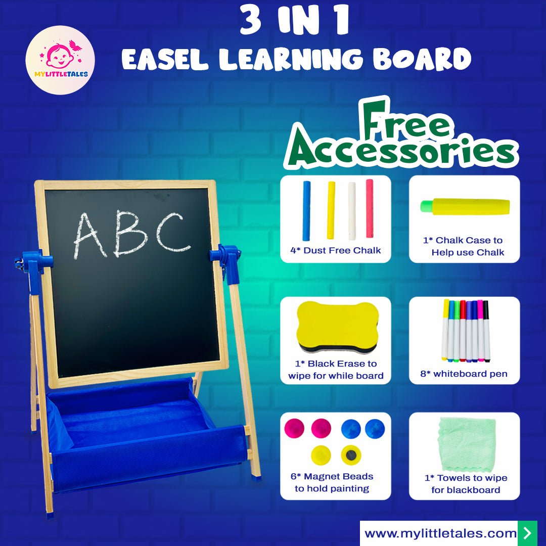 Wooden 3 in 1 Creative Easel Board with Chalkboard, Whiteboard, Storage Tray, Educational Kids Art Station - MyLittleTales