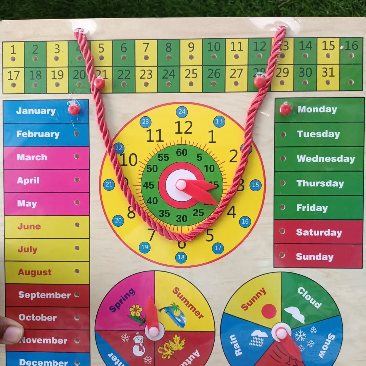 Wooden Analog clock All in One Multifunctional Learning Board, Calendar, Days, Months, Seasons with Pins - MyLittleTales