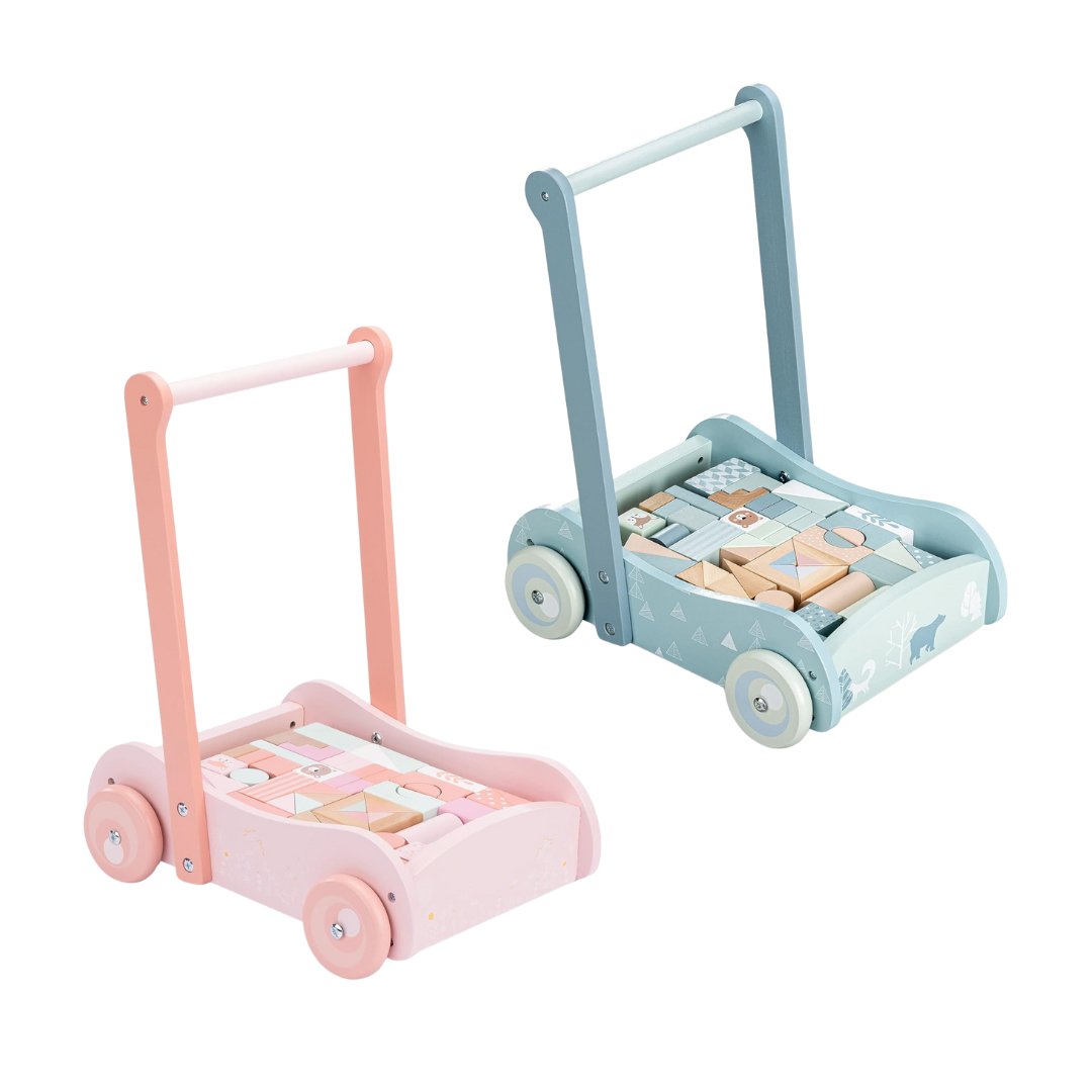 Wooden Baby Walker with Blocks - Push Along Wagon for Babies with Wood Bricks - MyLittleTales