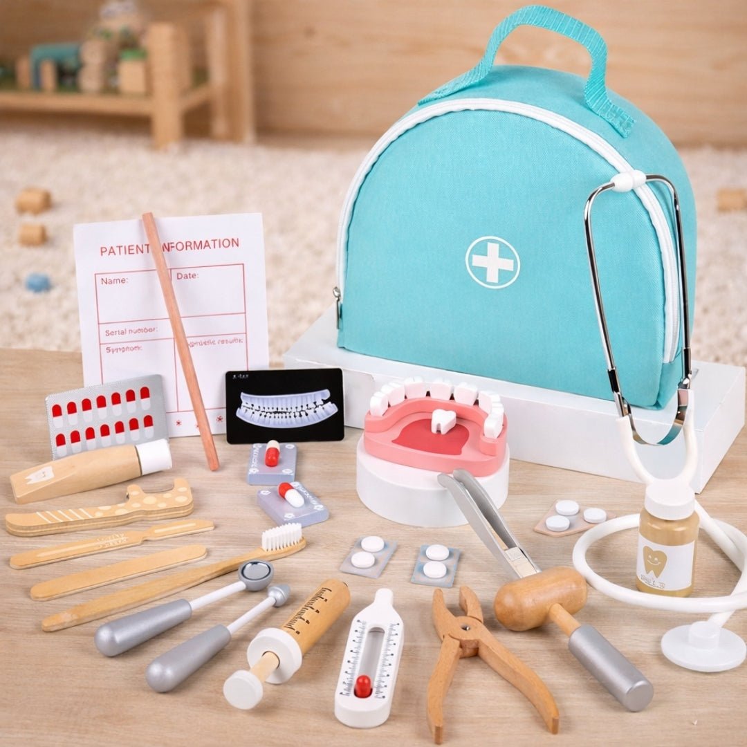 Wooden Doctor Toy Set with Bag Dentist Check Brush Teeth Medicine Set Role Playing Games - MyLittleTales