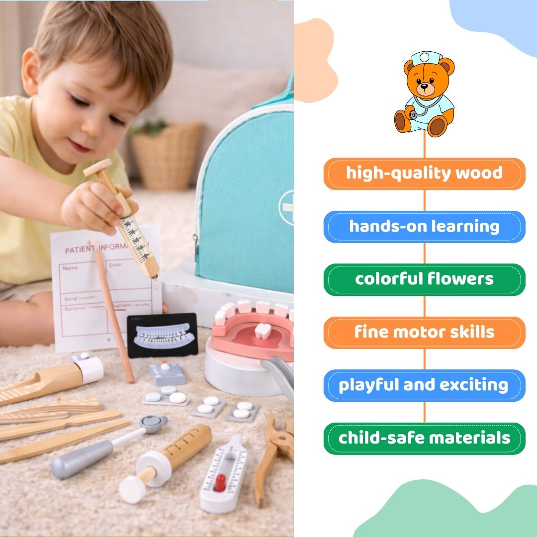 Wooden Doctor Toy Set with Bag Dentist Check Brush Teeth Medicine Set Role Playing Games - MyLittleTales