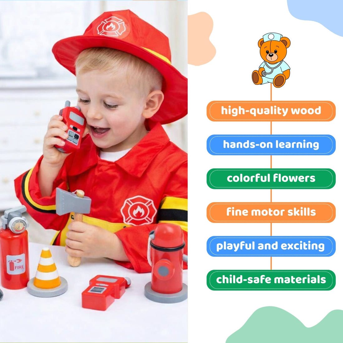Wooden Fire fighter set Fireman Role Play Set Costume Set - MyLittleTales