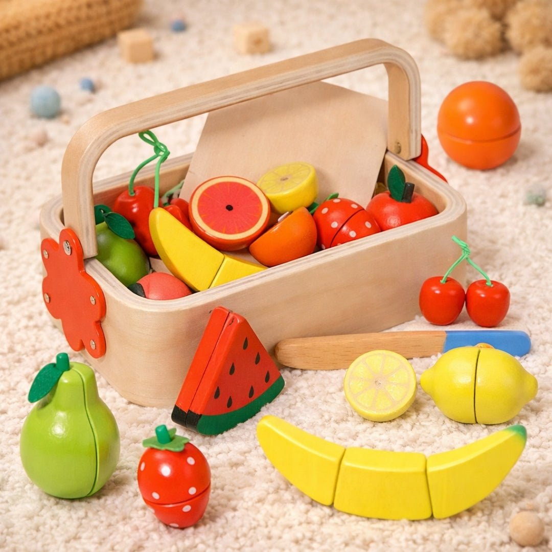Wooden Fruits Basket Pretend Cutting Fruit Set with Wood Knife & Storage Basket - MyLittleTales