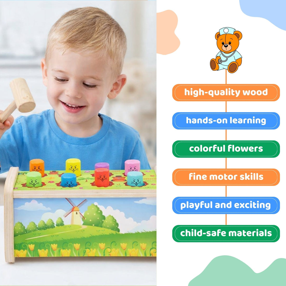 Wooden Hammer Beats Game | 8 Peg Swinging Hamster - MyLittleTales