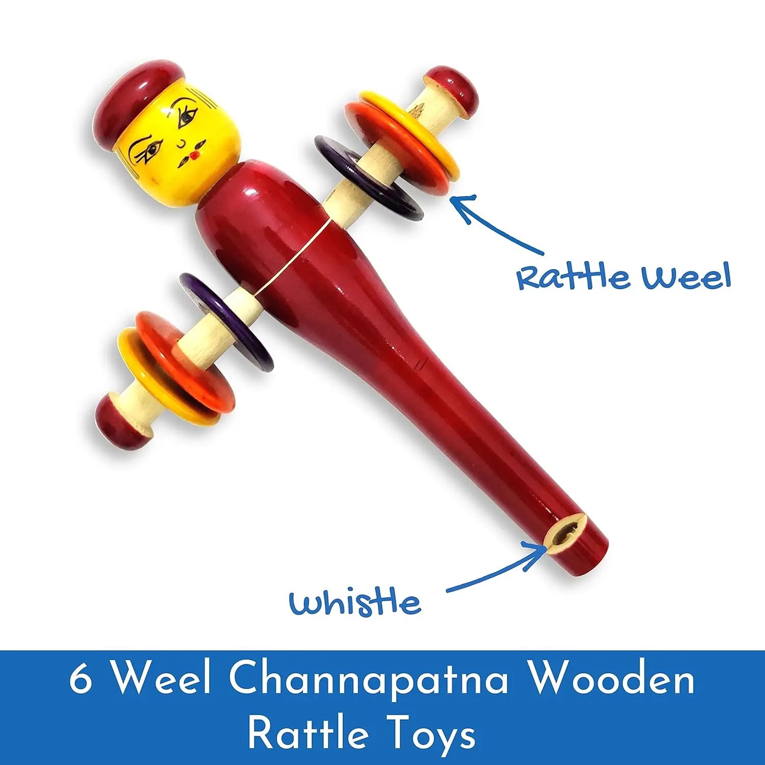 Wooden Handmade Non Toxic Colourful Rattle Toys for New Born Baby - Whistle Rattle - MyLittleTales