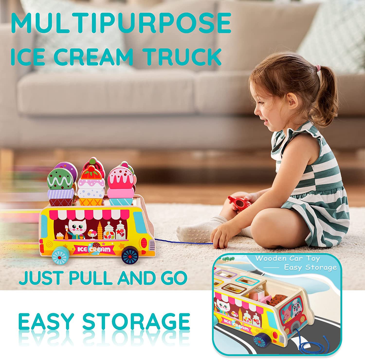 Wooden Ice Cream Truck | 28 pcs Magnetic Ice Cream Sweet Treats | Pretend Play Food & Accessories - MyLittleTales