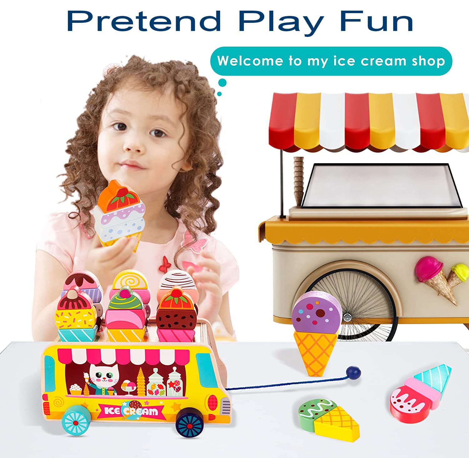Wooden Ice Cream Truck | 28 pcs Magnetic Ice Cream Sweet Treats | Pretend Play Food & Accessories - MyLittleTales