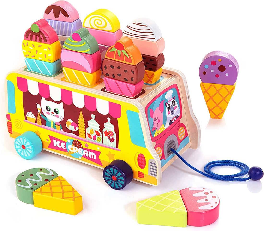 Wooden Ice Cream Truck | 28 pcs Magnetic Ice Cream Sweet Treats | Pretend Play Food & Accessories - MyLittleTales