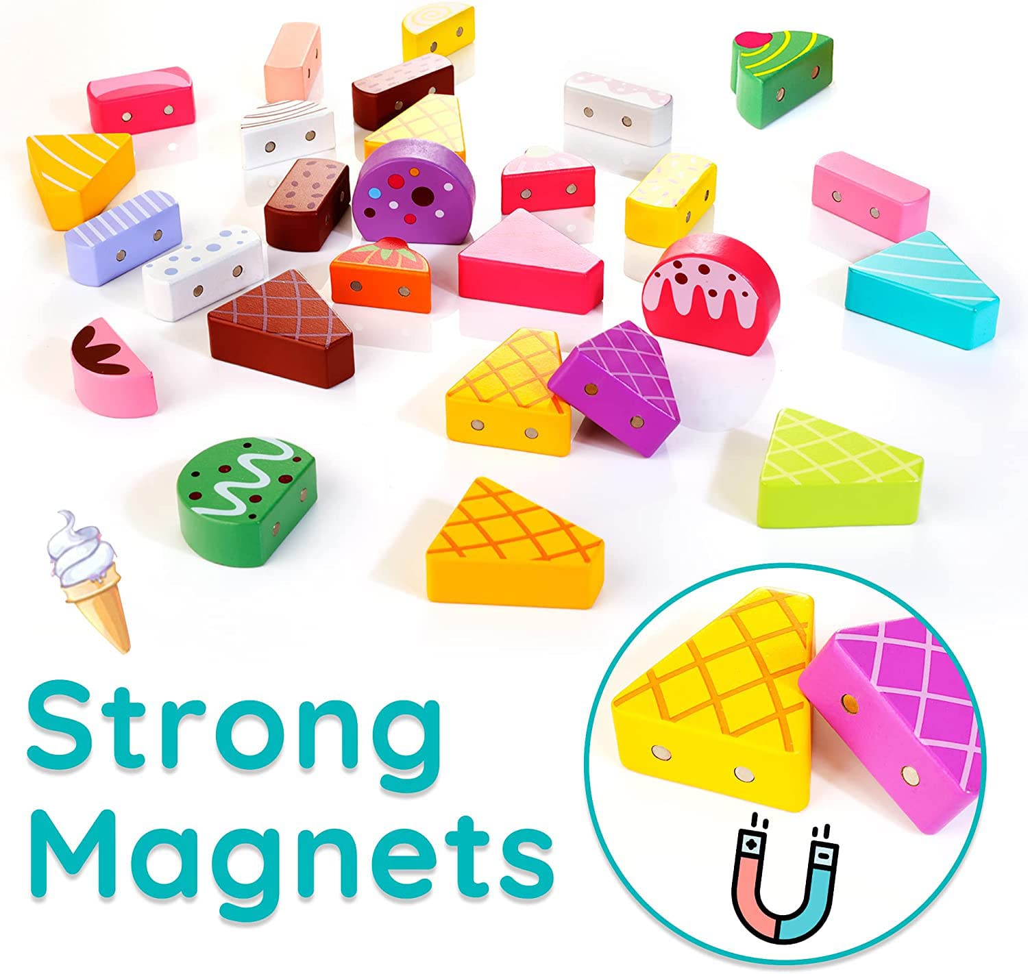 Wooden Ice Cream Truck | 28 pcs Magnetic Ice Cream Sweet Treats | Pretend Play Food & Accessories - MyLittleTales