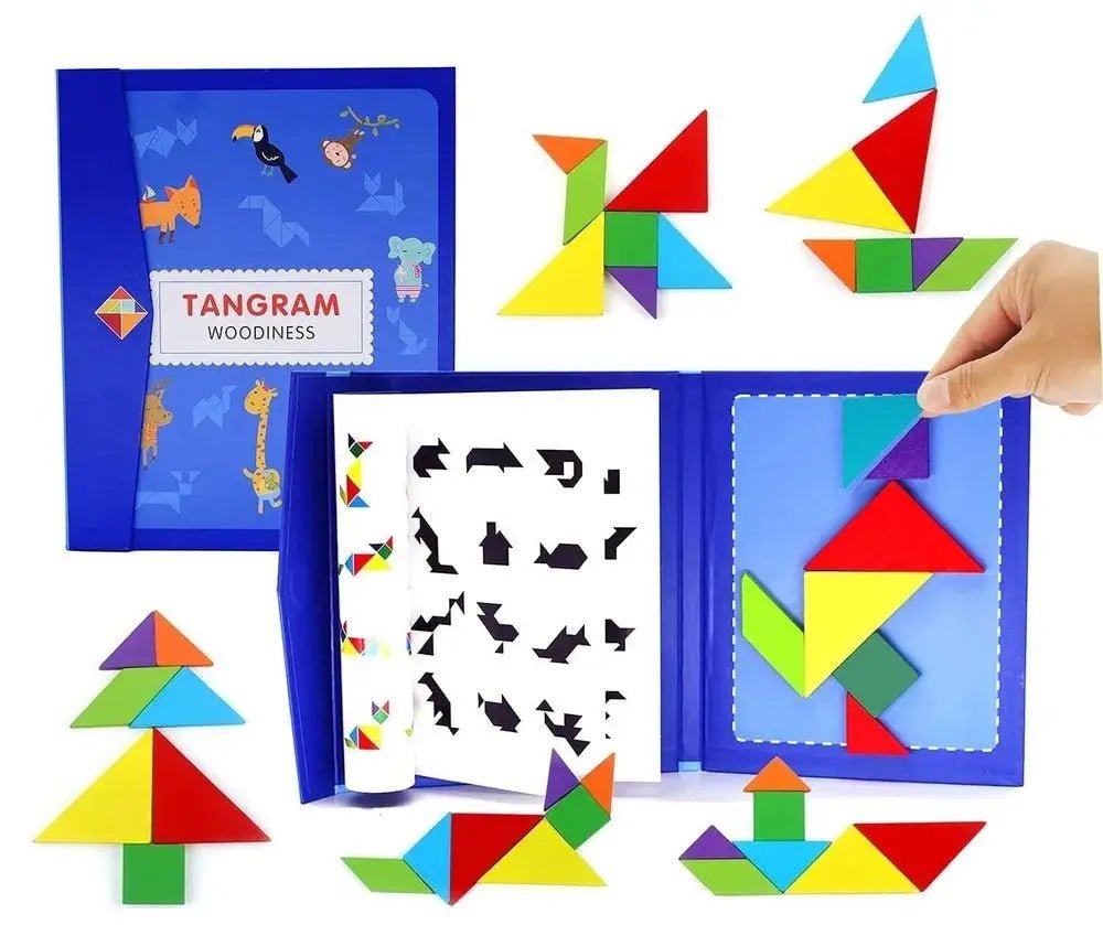 Wooden Magnet Tangram Puzzle Book - Jigsaw Book Brain Teasers Games Early Educational Learning Challenge IQ - MyLittleTales