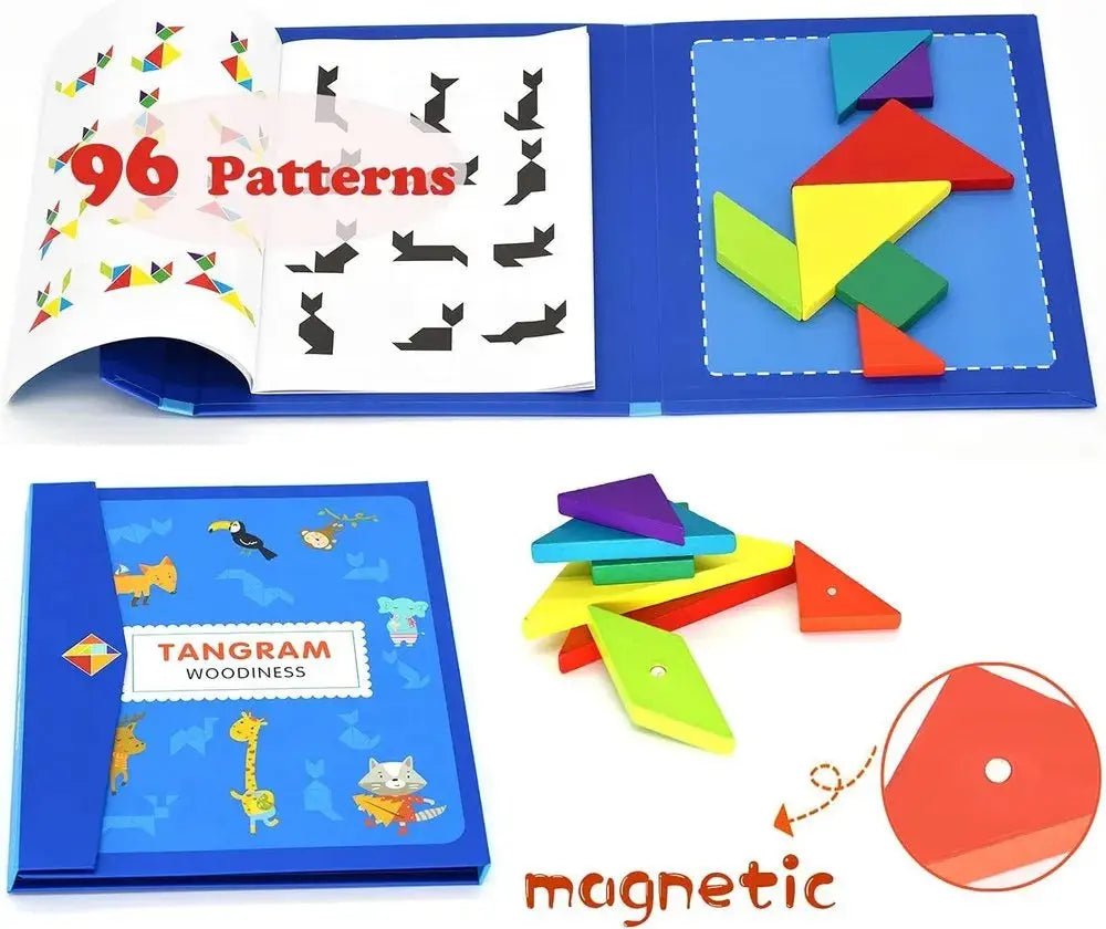 Wooden Magnet Tangram Puzzle Book - Jigsaw Book Brain Teasers Games Early Educational Learning Challenge IQ - MyLittleTales