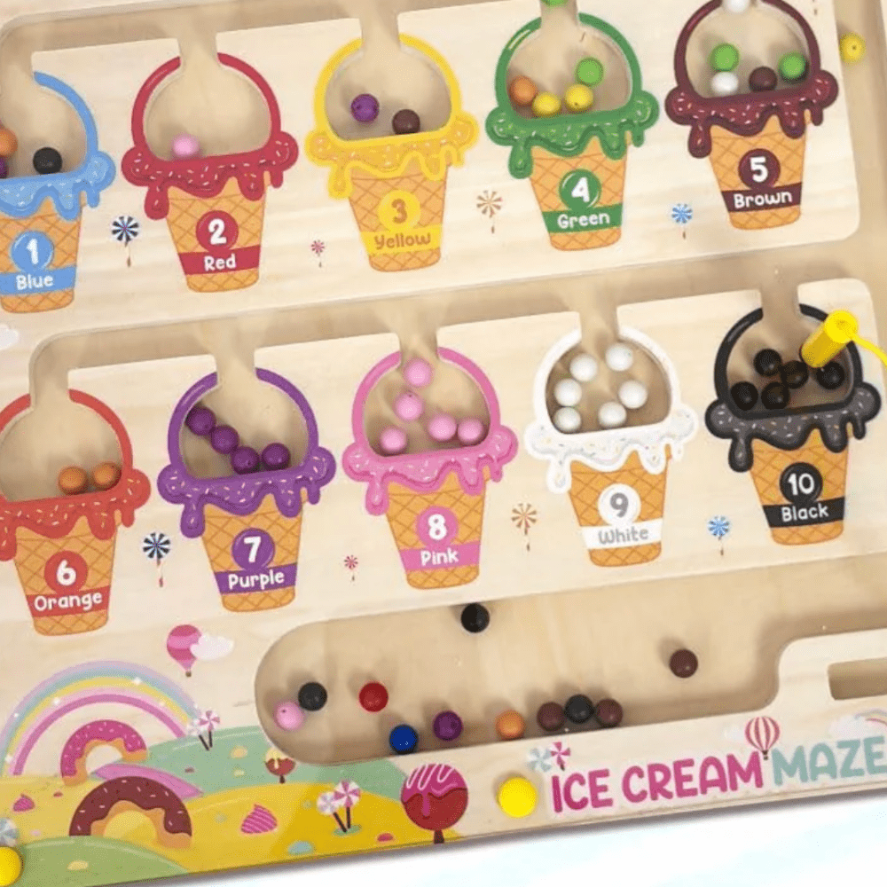 Wooden Magnetic Color & Number Maze Puzzle – Ice Cream Theme Educational Toy for Kids Ages 3–5 | Fine Motor Skills, Counting & Color Matching Learning Board - MyLittleTales