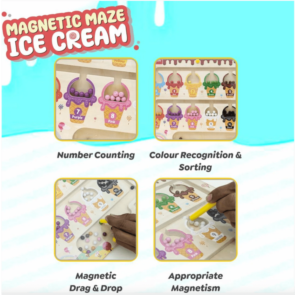 Wooden Magnetic Color & Number Maze Puzzle – Ice Cream Theme Educational Toy for Kids Ages 3–5 | Fine Motor Skills, Counting & Color Matching Learning Board - MyLittleTales