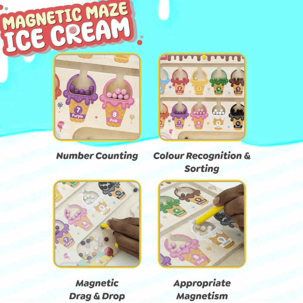 Wooden Magnetic Color & Number Maze Puzzle – Ice Cream Theme Educational Toy for Kids Ages 3–5 | Fine Motor Skills, Counting & Color Matching Learning Board - MyLittleTales