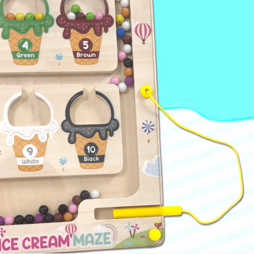 Wooden Magnetic Color & Number Maze Puzzle – Ice Cream Theme Educational Toy for Kids Ages 3–5 | Fine Motor Skills, Counting & Color Matching Learning Board - MyLittleTales