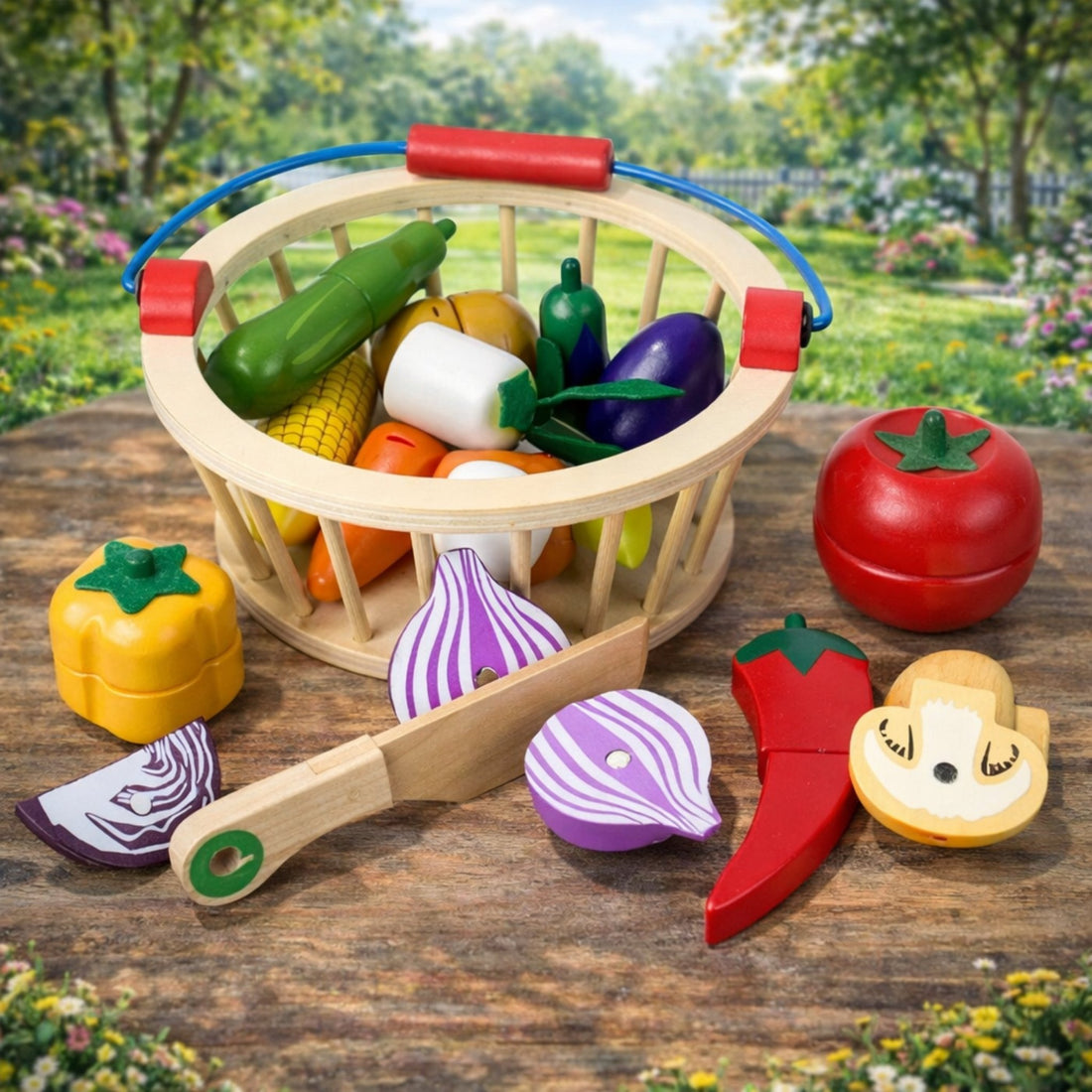 Wooden Magnetic Cutting Vegetable Basket - 14 pc set - MyLittleTales