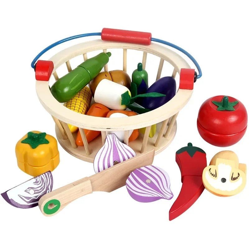 Wooden Magnetic Cutting Vegetable Basket - 14 pc set - MyLittleTales