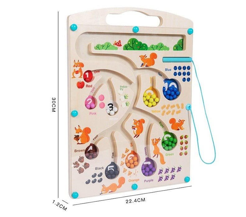 Wooden Magnetic Squirrel Feeding Maze Game - Educational Game for Learning Colors and Numbers - MyLittleTales