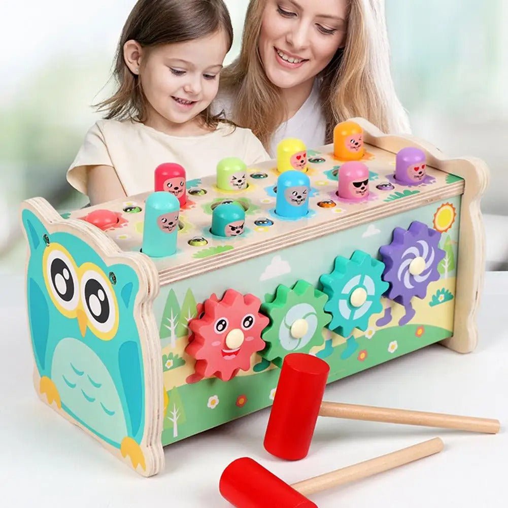 Wooden Multi - functional Whack - a - mole bench toy, Knocking, Xylophone, Fishing, Hammer, Teaching clock, 7 in 1 activity for kids, Montessori Education - MyLittleTales