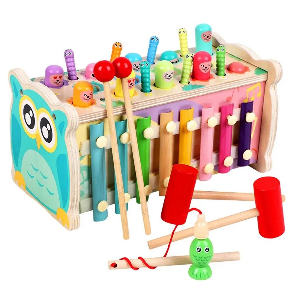 Wooden Multi - functional Whack - a - mole bench toy, Knocking, Xylophone, Fishing, Hammer, clock, 7 in 1 - MyLittleTales