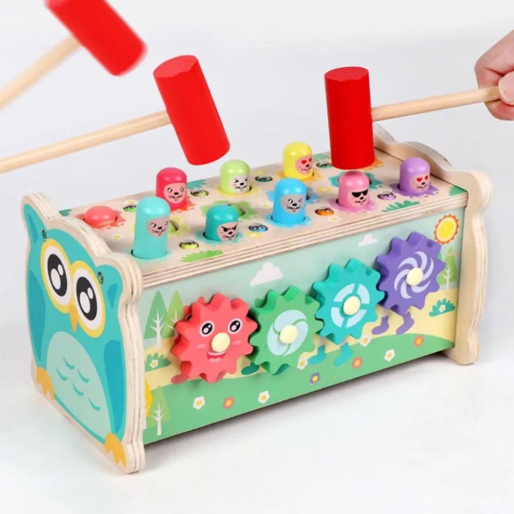 Wooden Multi - functional Whack - a - mole bench toy, Knocking, Xylophone, Fishing, Hammer, clock, 7 in 1 - MyLittleTales