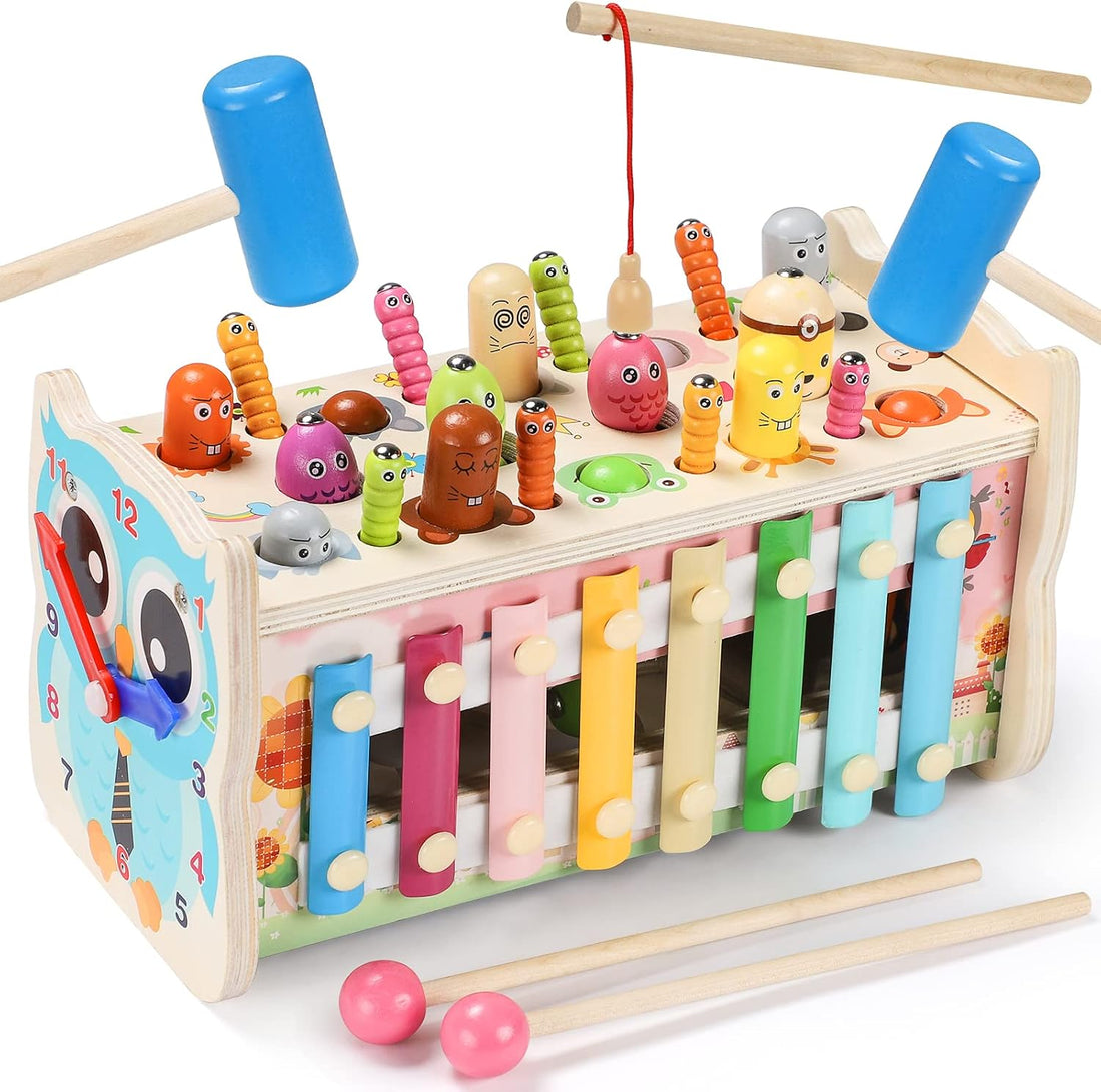 Wooden Multi - functional Whack - a - mole bench toy, Knocking, Xylophone, Fishing, Hammer, Teaching clock, 7 in 1 activity for kids, Montessori Education - MyLittleTales