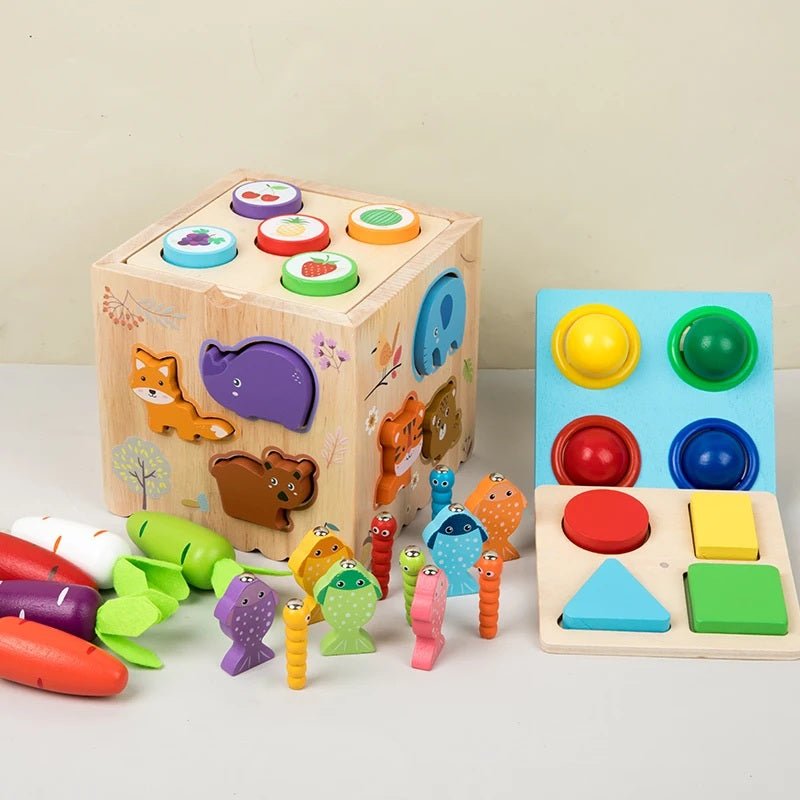 Wooden Multifunctional Montessori 8 in 1 ball knocking animal matching fishing intelligence - MyLittleTales
