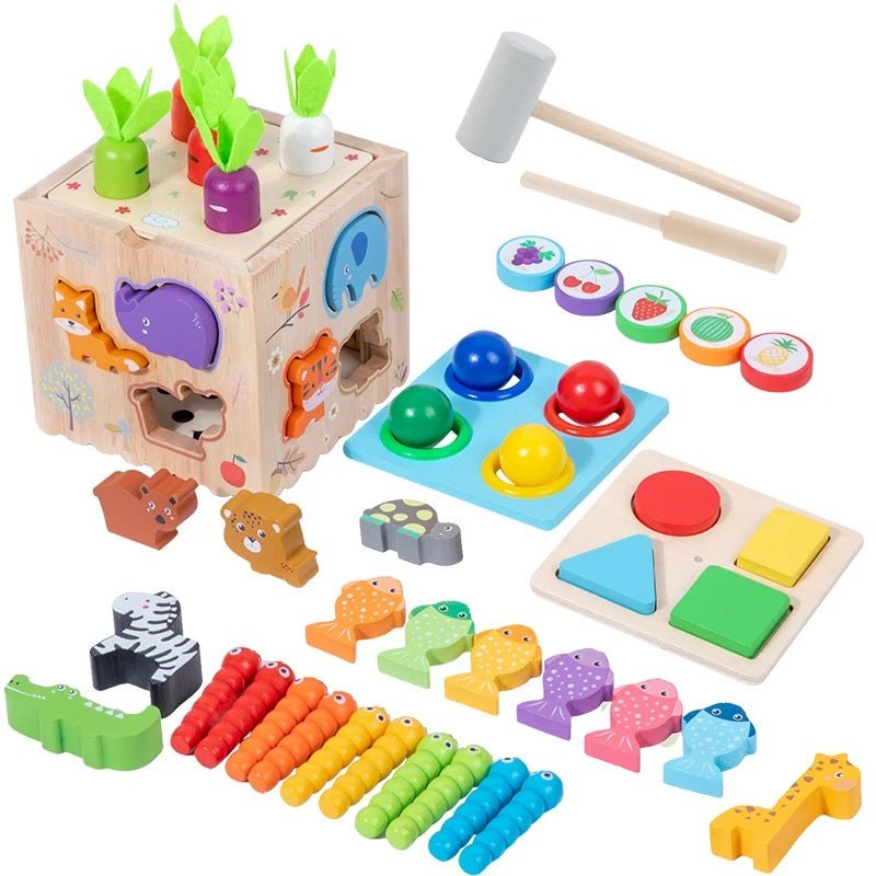 Wooden Multifunctional Montessori 8 in 1 ball knocking animal matching fishing intelligence - MyLittleTales