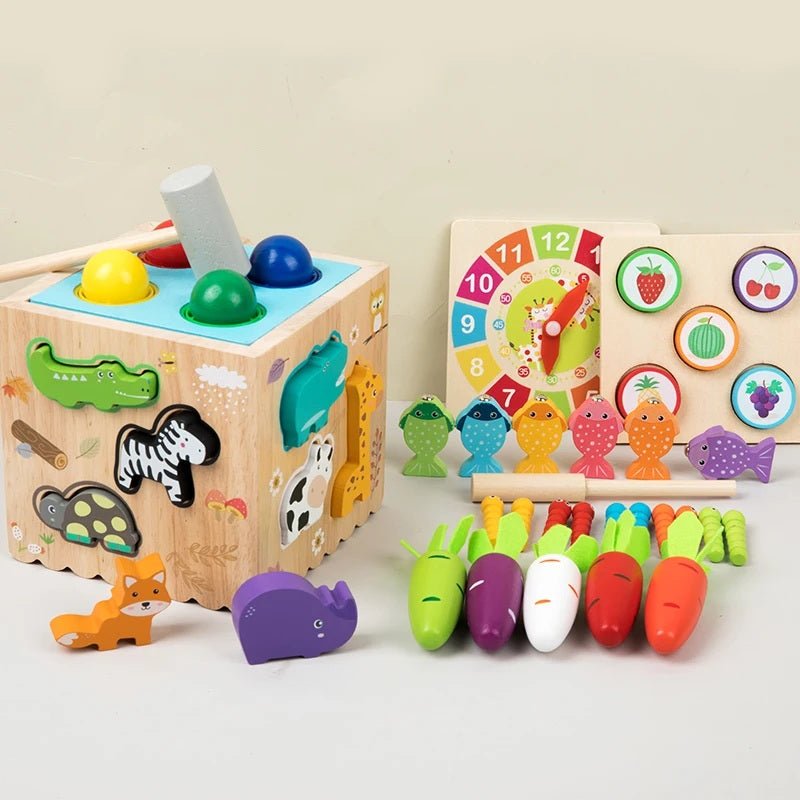 Wooden Multifunctional Montessori 8 in 1 ball knocking animal matching fishing intelligence - MyLittleTales
