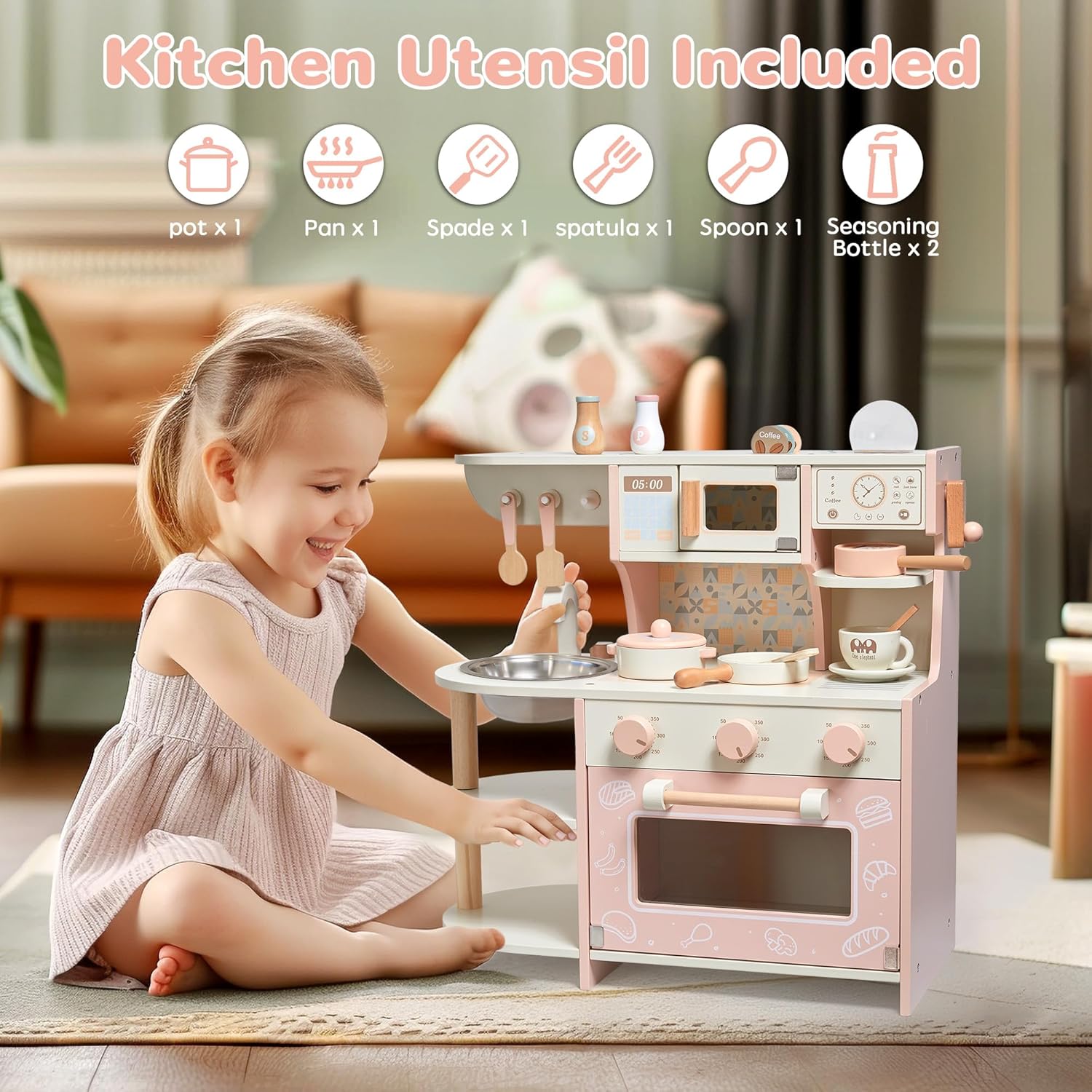 Wooden Premium Kitchen Playset with Coffee Maker Food Kitchen Accessories Cooking Set, Toddler Play Kitchen - MyLittleTales