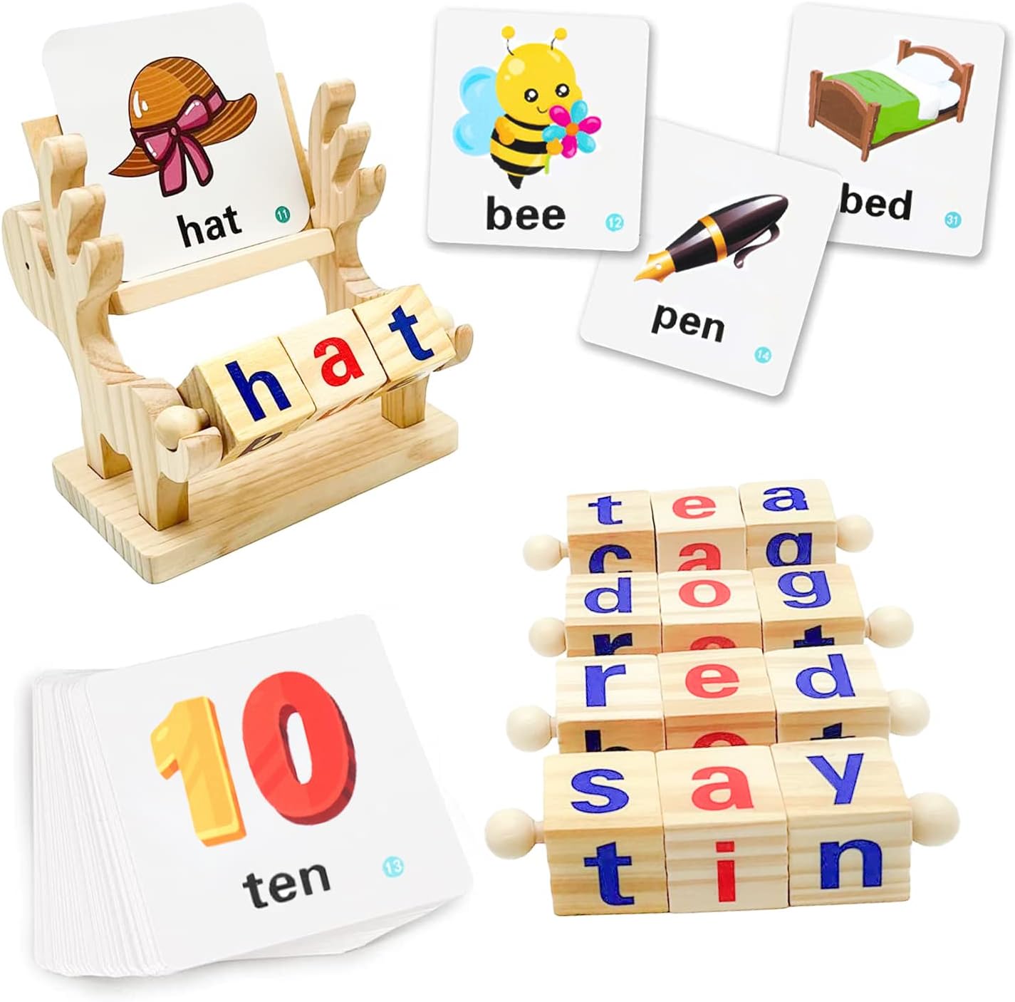 Wooden Reading Blocks Word Cognitive Pairing - Rotating Letter Puzzles For Kids Spelling Game - MyLittleTales