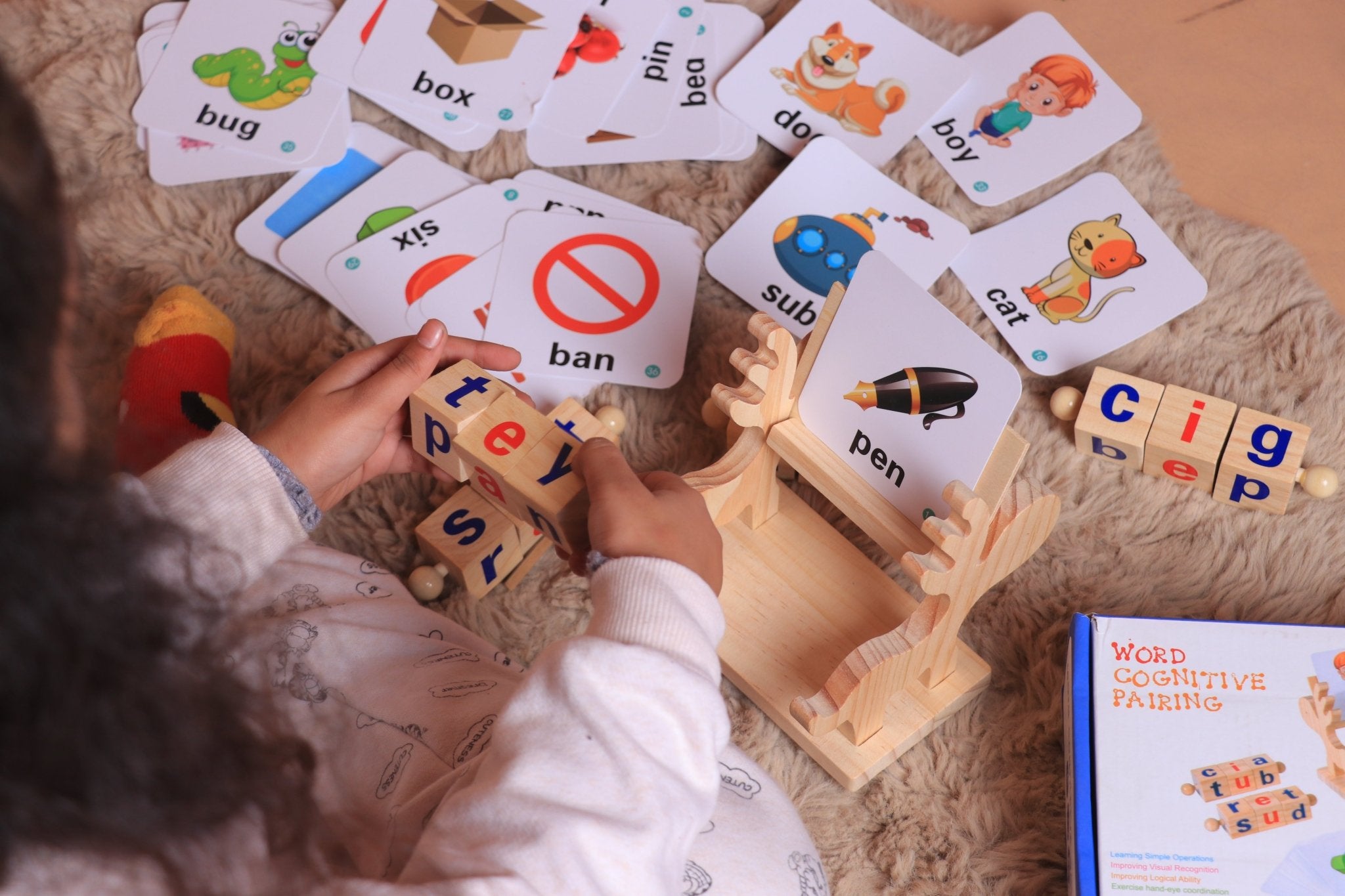 Wooden Reading Blocks Word Cognitive Pairing - Rotating Letter Puzzles For Kids Spelling Game - MyLittleTales