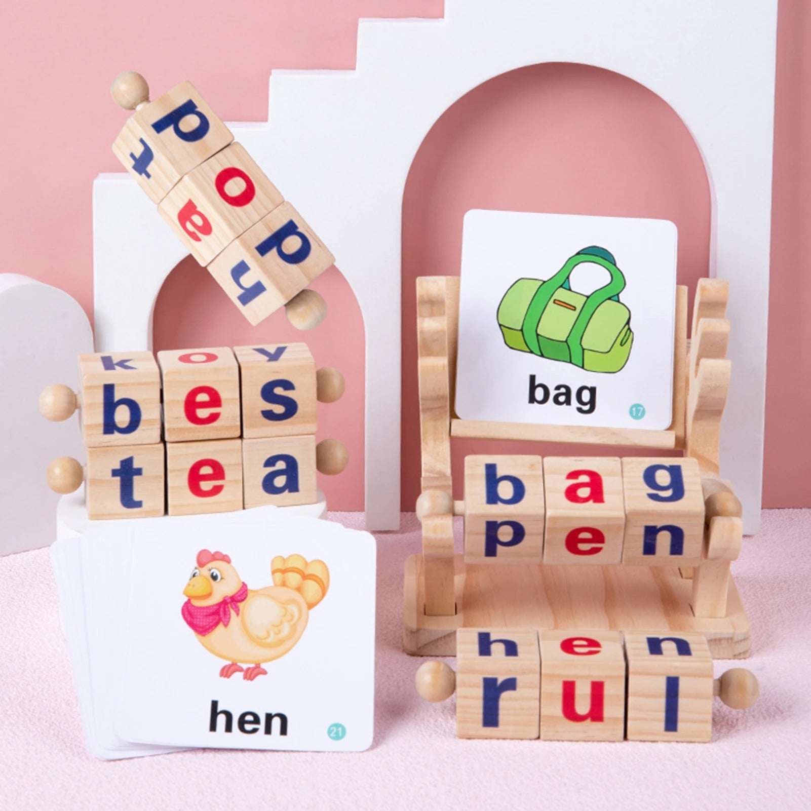 Wooden Reading Blocks Word Cognitive Pairing - Rotating Letter Puzzles For Kids Spelling Game - MyLittleTales