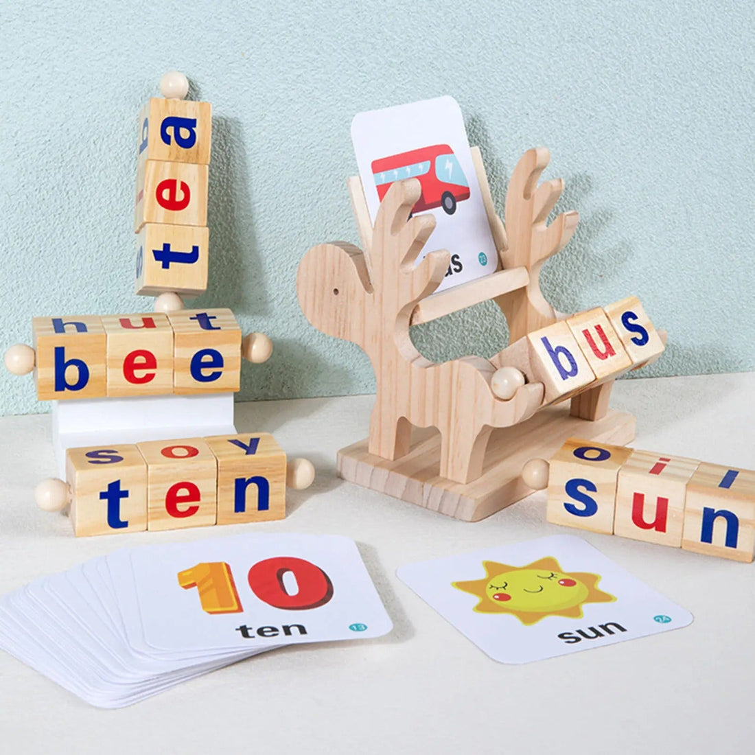 Wooden Reading Blocks Word Cognitive Pairing - Rotating Letter Puzzles For Kids Spelling Game - MyLittleTales