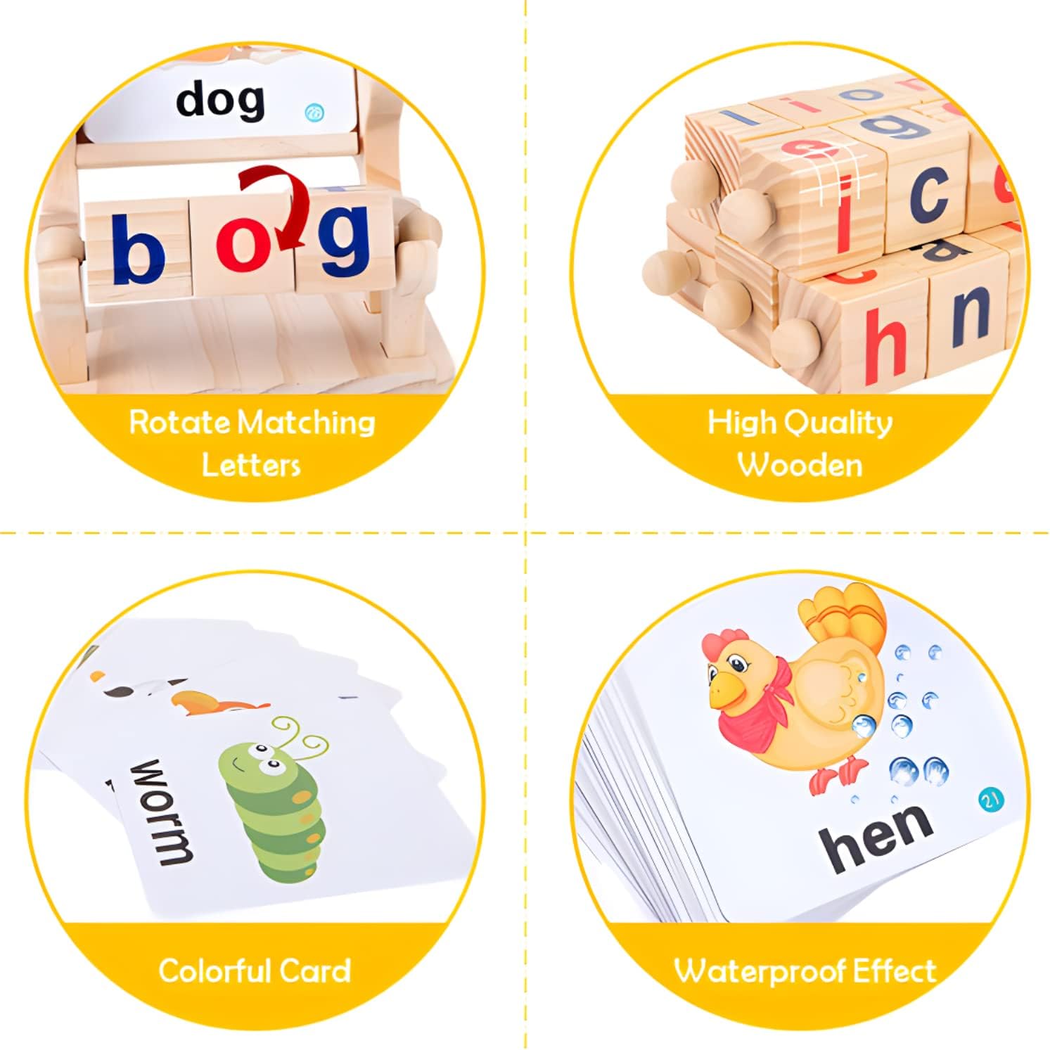 Wooden Reading Blocks Word Cognitive Pairing - Rotating Letter Puzzles For Kids Spelling Game - MyLittleTales