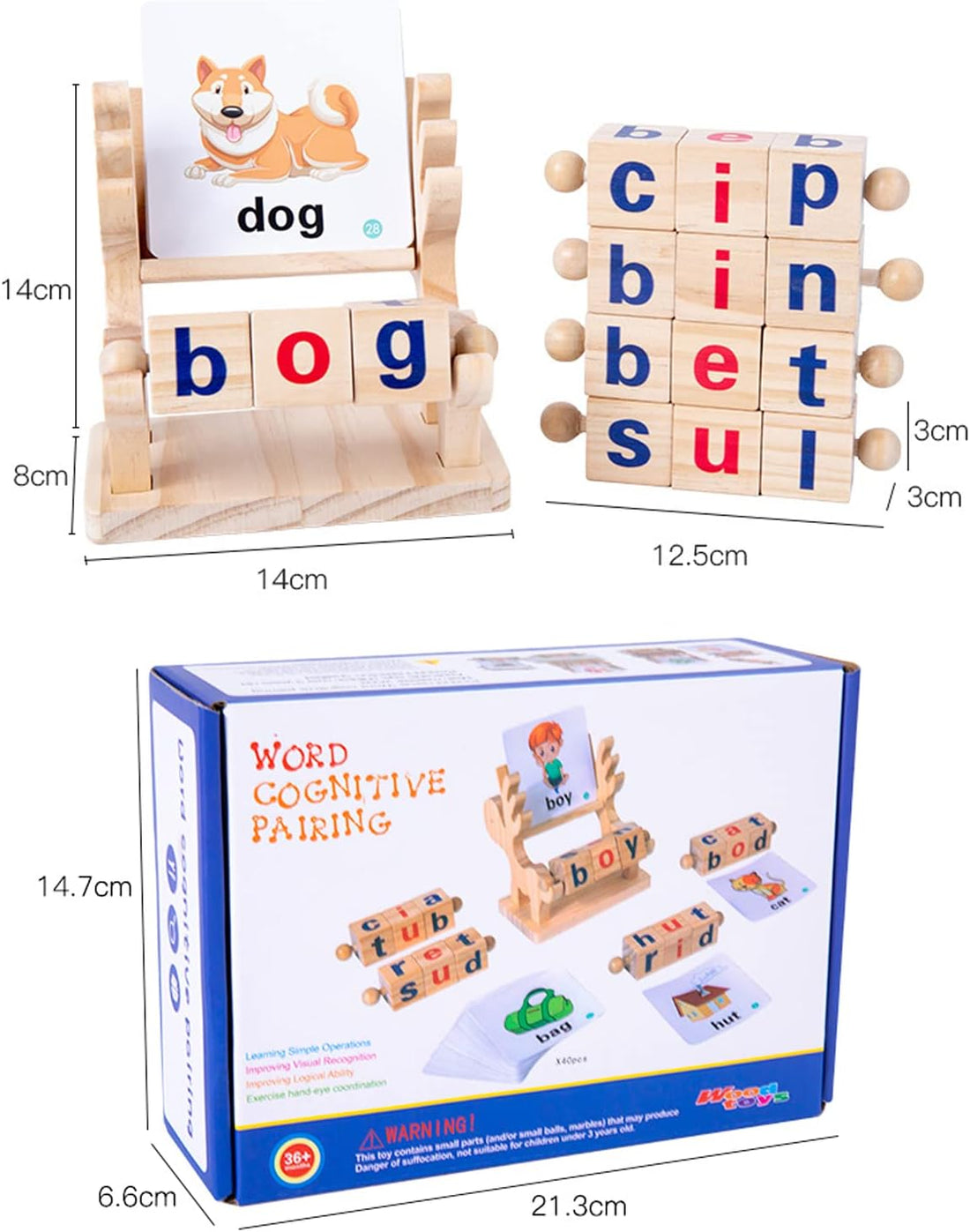 Wooden Reading Blocks Word Cognitive Pairing - Rotating Letter Puzzles For Kids Spelling Game - MyLittleTales