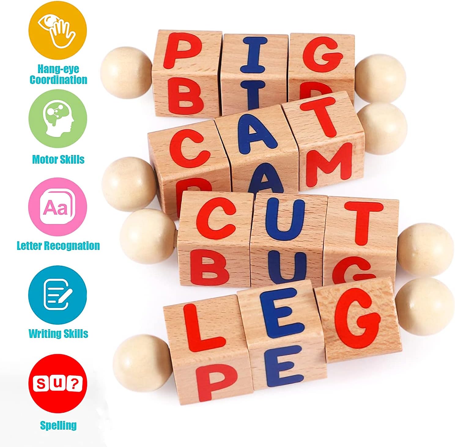 Wooden Reading Blocks Word Cognitive Pairing - Rotating Letter Puzzles For Kids Spelling Game - MyLittleTales