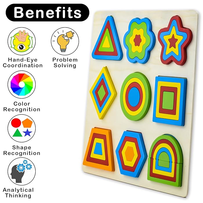 Wooden Shapes Puzzle Learning Toy, 9 Geometric Colorful Shapes - MyLittleTales