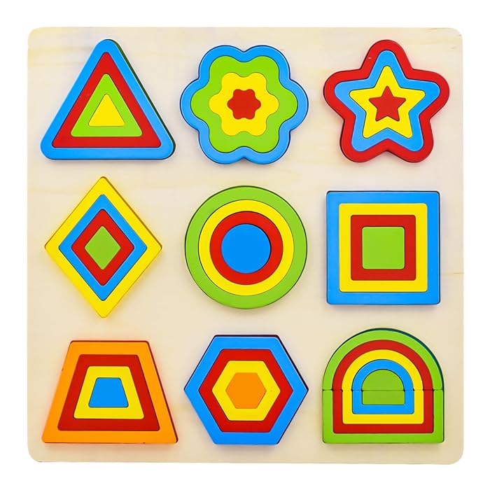 Wooden Shapes Puzzle Learning Toy, 9 Geometric Colorful Shapes - MyLittleTales