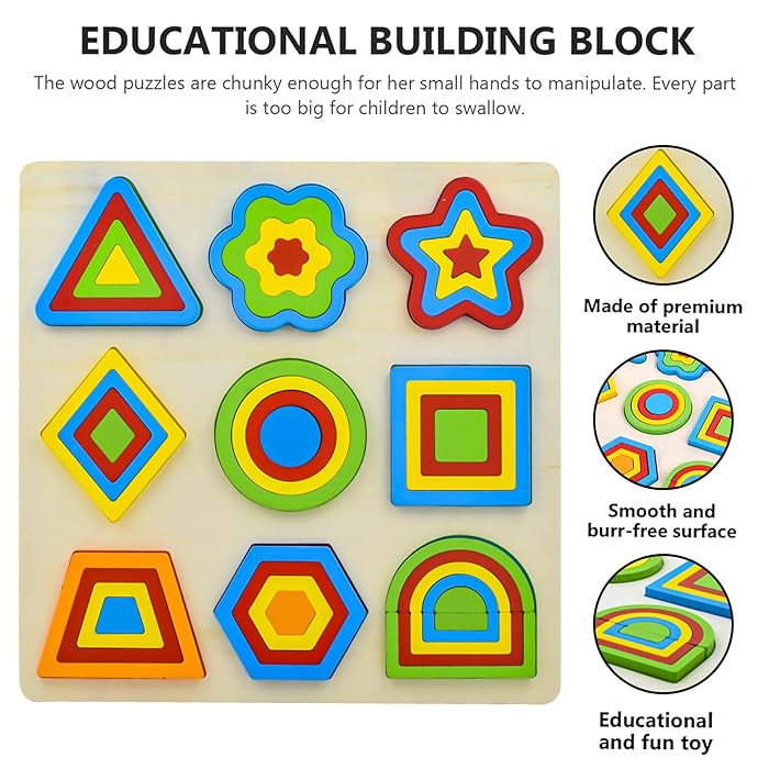 Wooden Shapes Puzzle Learning Toy, 9 Geometric Colorful Shapes - MyLittleTales