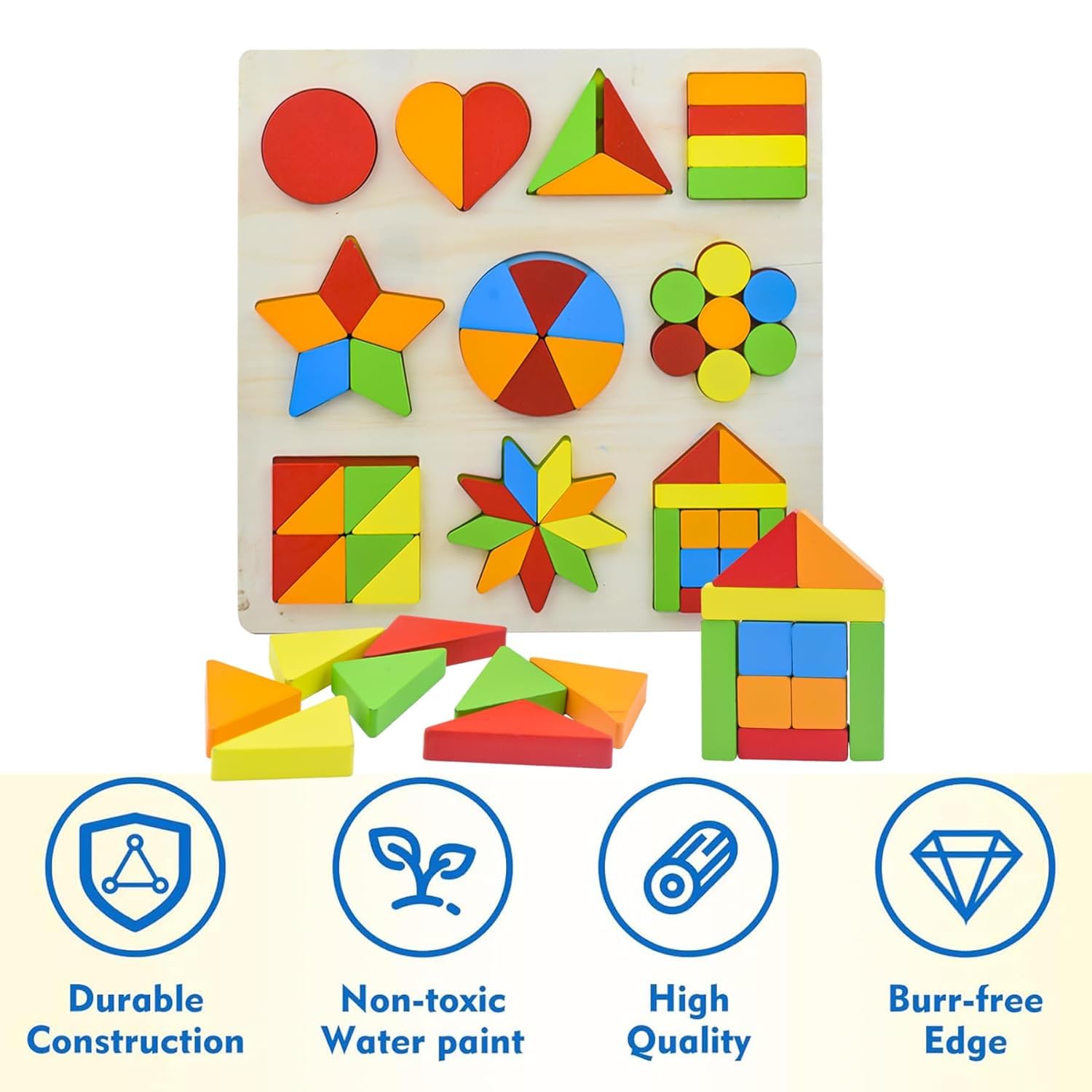 Wooden Shapes Puzzle Learning Toy, Montessori Brain Teaser Puzzle Board with 10 Geometric Shapes - MyLittleTales