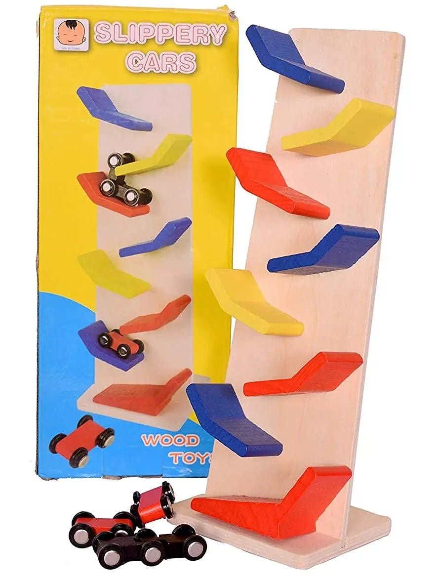 Wooden Slippery Racing Car Toy Game Race Zig Zak Track Drop Game Multicolor 12 inch Height - MyLittleTales